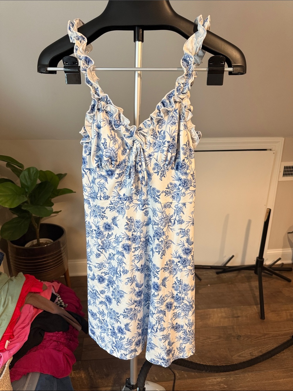 Pink Lily Blue and White Floral Ruffle Mini Dress